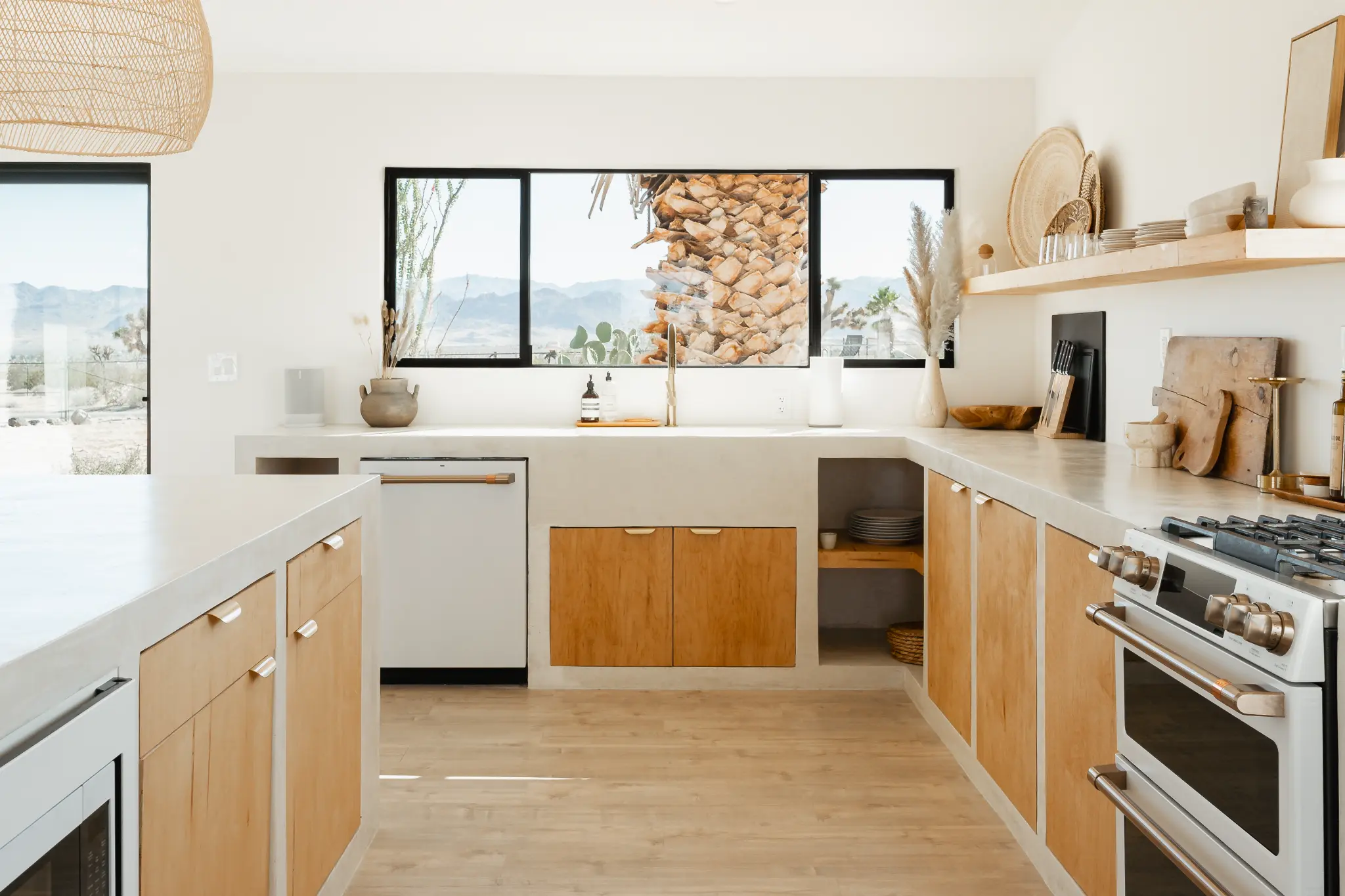 Open-plan kitchen with dramatic natural light