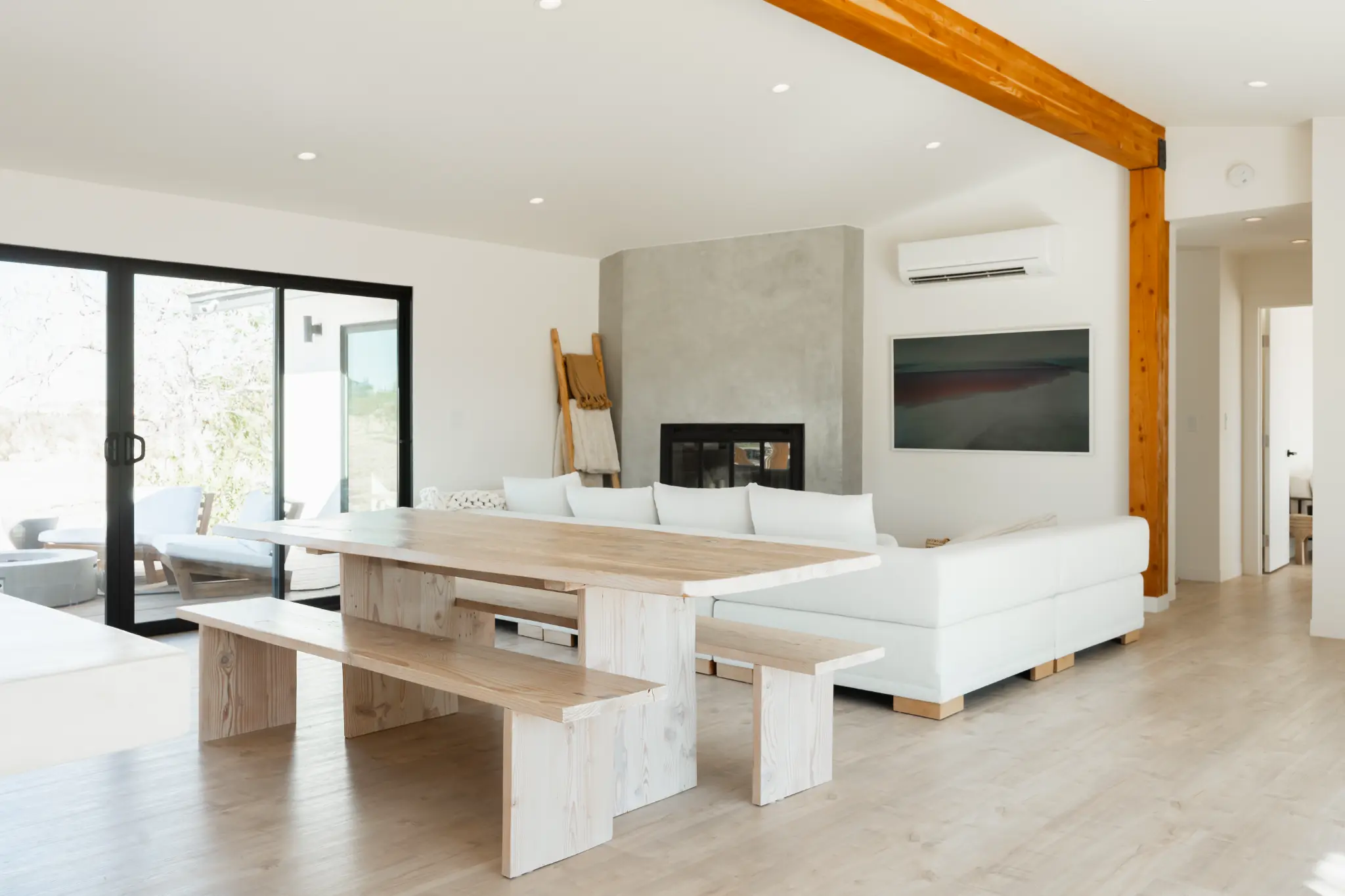 Reclaimed wood dining table, open-plan living