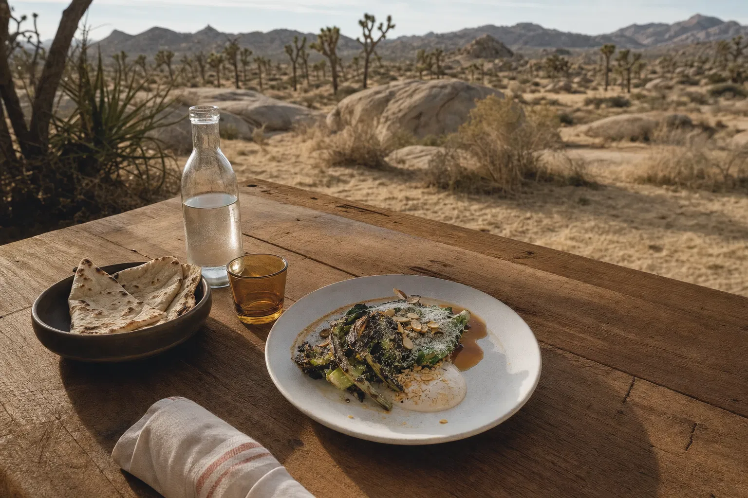 Beautifully plated dish on a rustic wooden table with Joshua Tree landscape behind