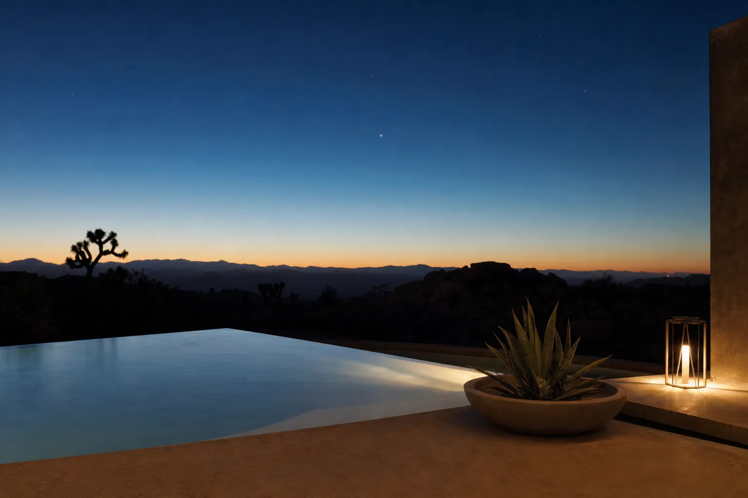 Minimalist infinity pool at dusk in the high desert, Joshua Tree California